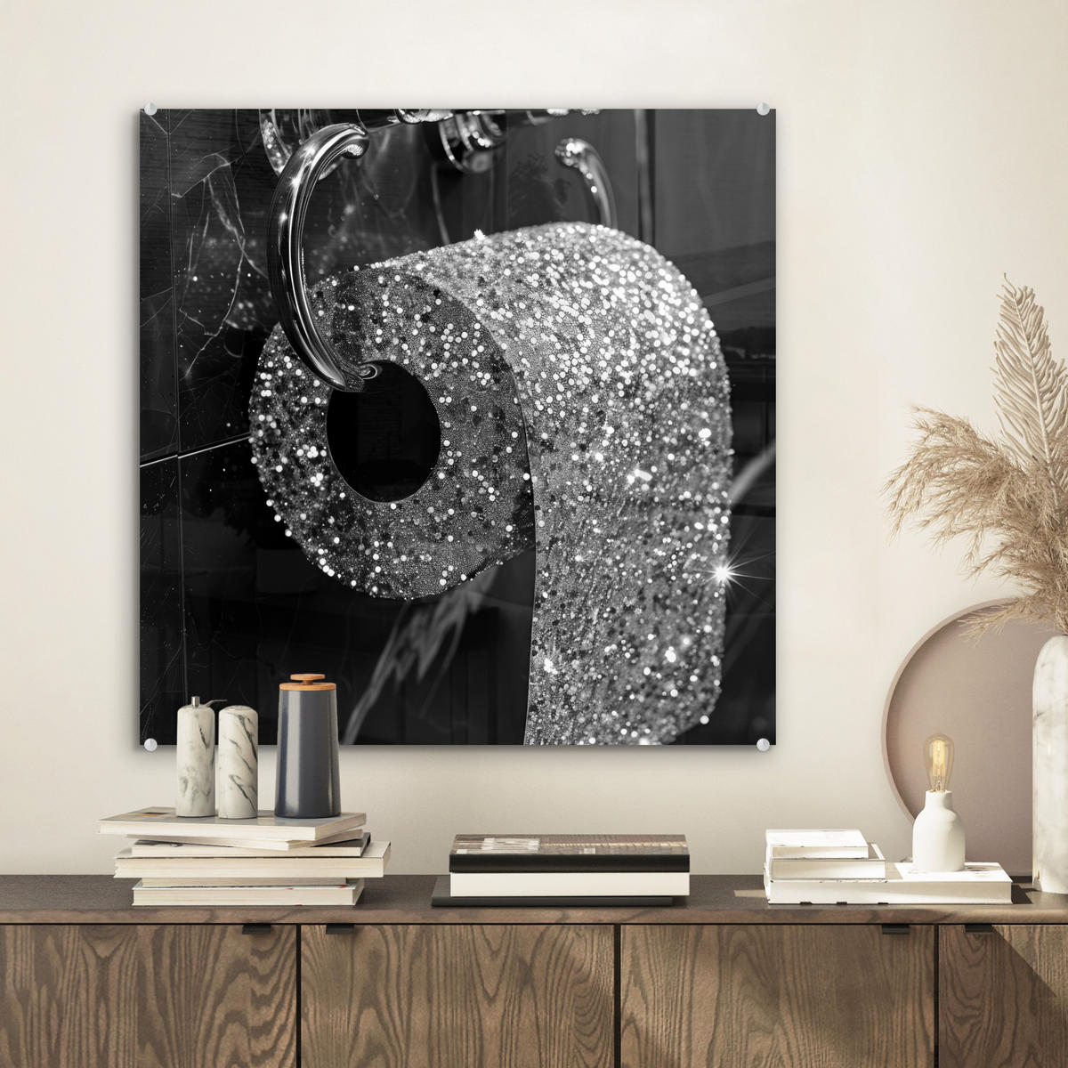ACRYLGLASBILD WC - Toilettenpapier - Schwarz und weiß - Glitter 50x50 cm - Silberfarben, Glas (50/50cm) - MuchoWow