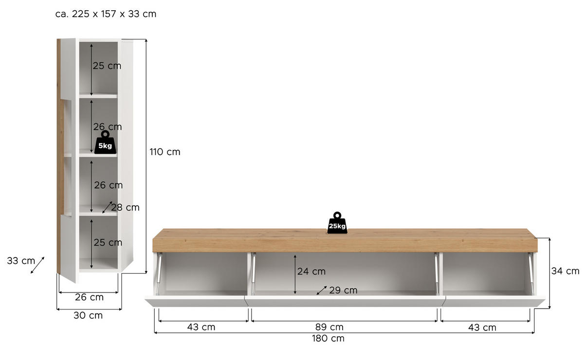 WOHNWAND 2-teilig weiß und Eiche 225 cm, Schrankwand stehend/hängend - Schwarz/Weiß, Glas/Holzwerkstoff (225/157/33cm) - Inn.Furn