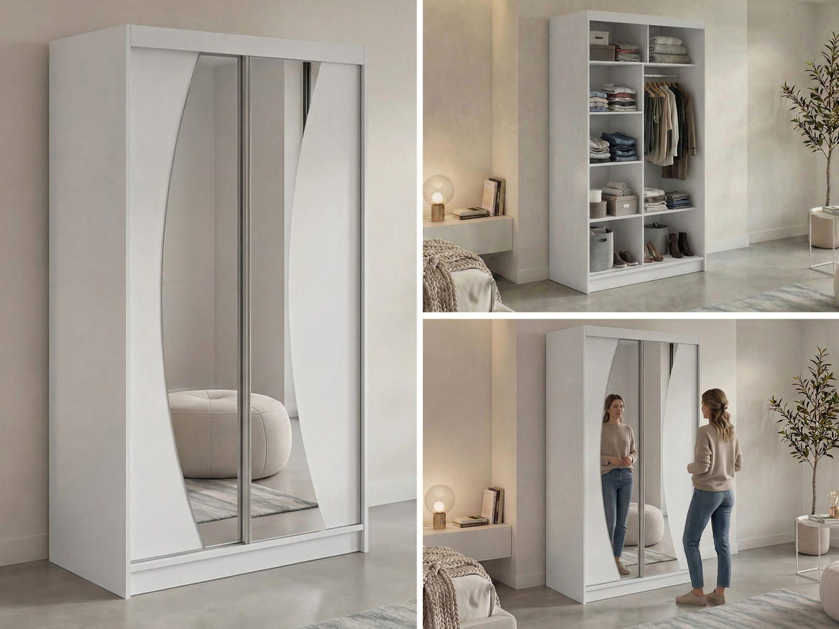 SCHWEBETÜRENSCHRANK 120 - VERONA - Weiß mit Spiegel - Alufarben/Weiß, Holzwerkstoff/Metall (120/216/61cm) - MKS