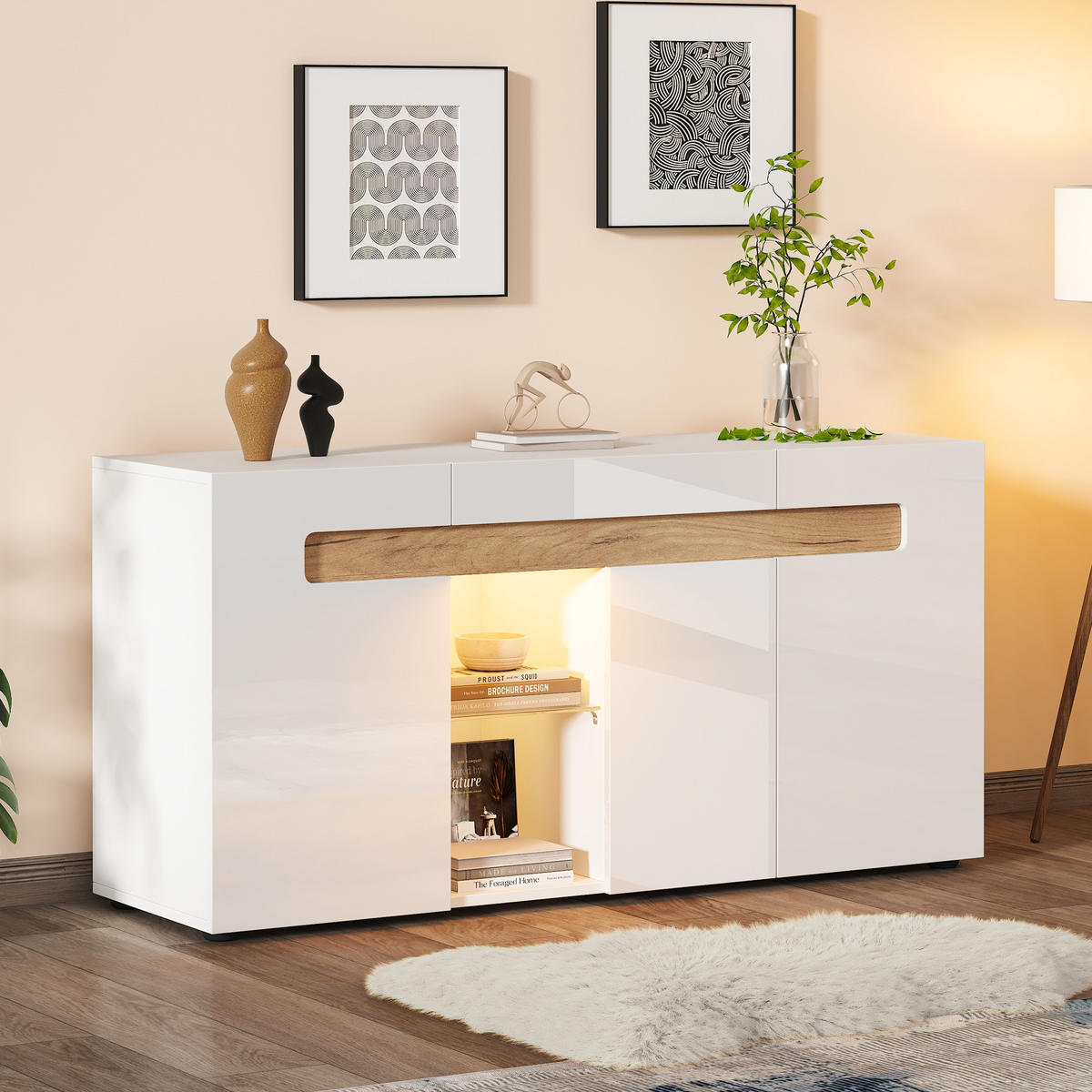 SIDEBOARD LED Weiß 3 Türen App Glas 140x40x70cm Hochglanz - Multicolor, Holzwerkstoff (40/70/140cm) - FLIEKS