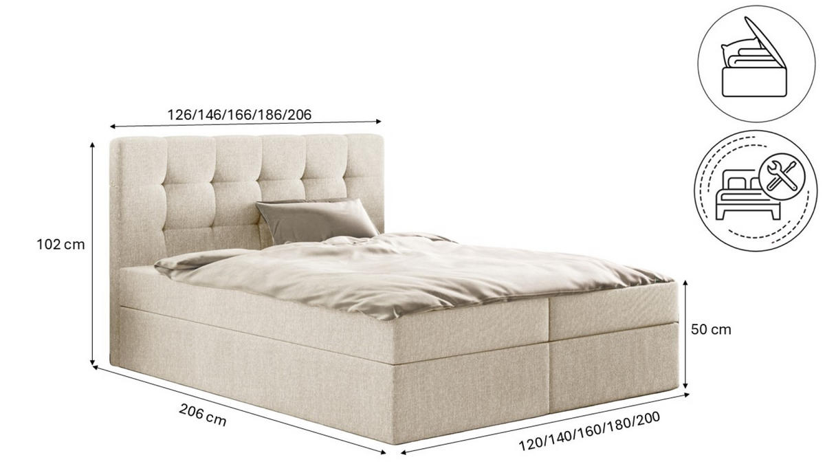 BOXBETT Mit Matratze Und Bettkasten, LUDANO Stoff Sydney Perle 140x200 cm H2-Pocket - Ecru, Holz (140/200cm) - Kaiser Möbel