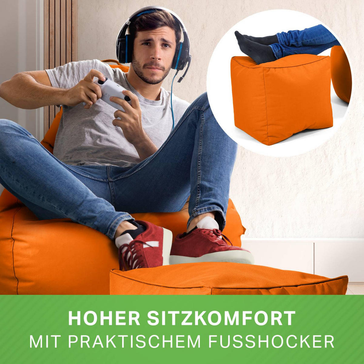 SITZSACK + Hocker "Cozy+Cube" 2er Set - Orange, Textil (70/90/80cm) - Green Bean