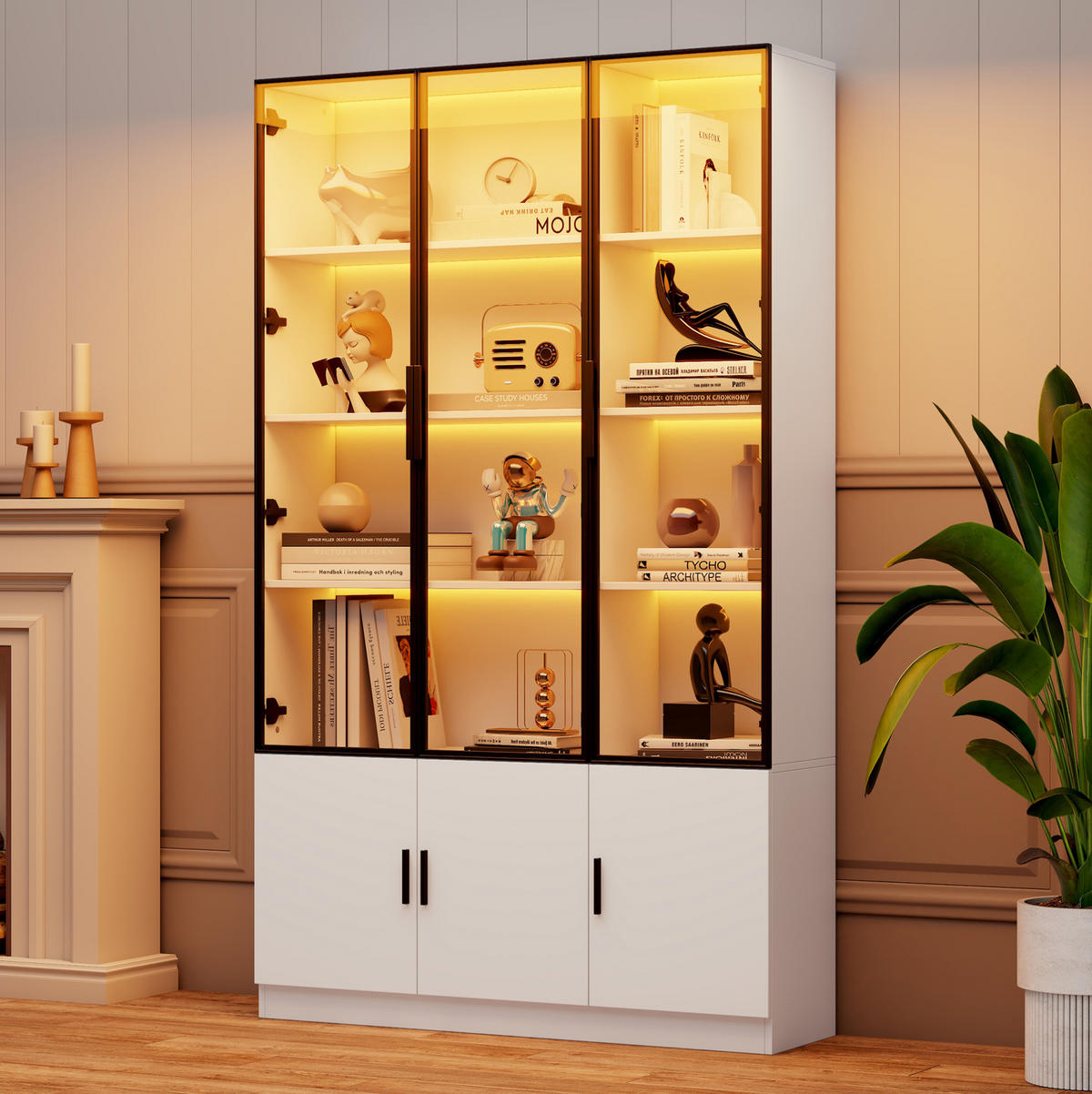 VITRINE 120/32/200 cm aus MDF mit Glastüren, LED-Beleuchtung und Sanftschluss Weiß - Weiß, Holzwerkstoff (120/200/32cm) - Modenvie