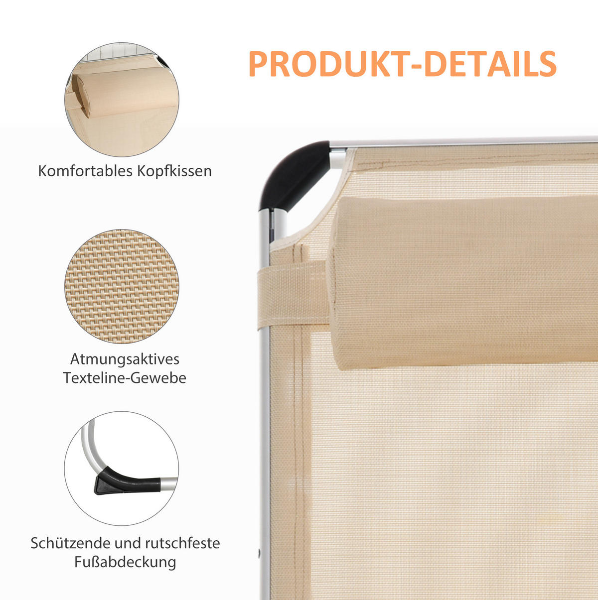 GARTENLIEGE 189/60/28 cm Beige aus Aluminium faltbar verstellbar - Beige, Metall (165/76/60cm) - OKWISH