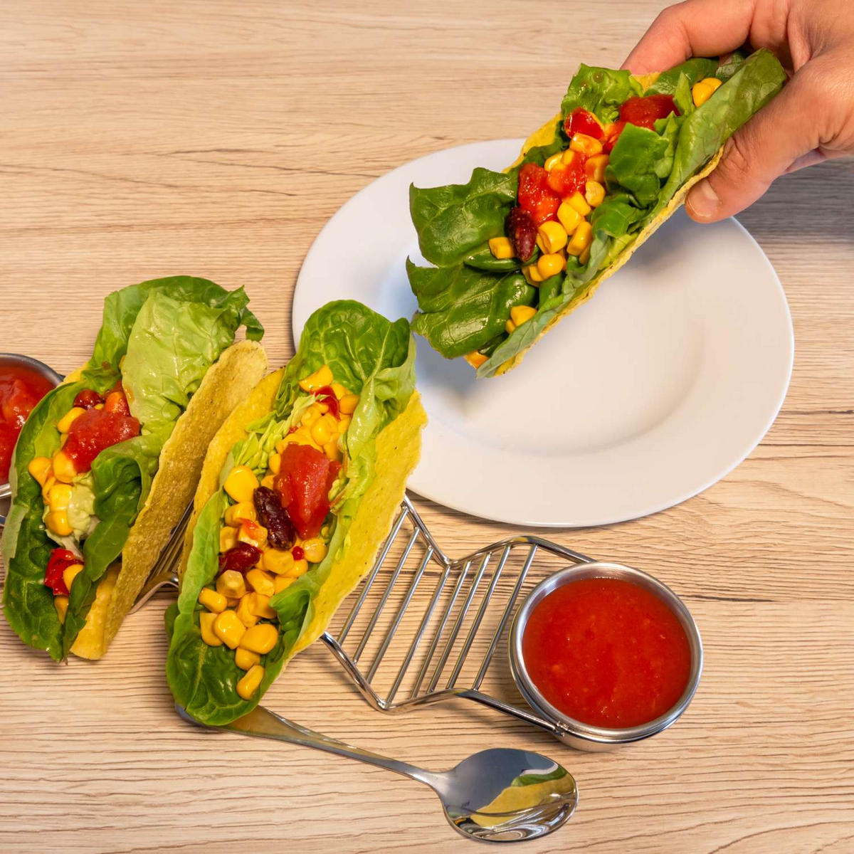 TACO HALTER inkl. 2 Soßenbecher 1 Löffel - Silberfarben, Metall (6.3/4/28.5cm) - Intirilife