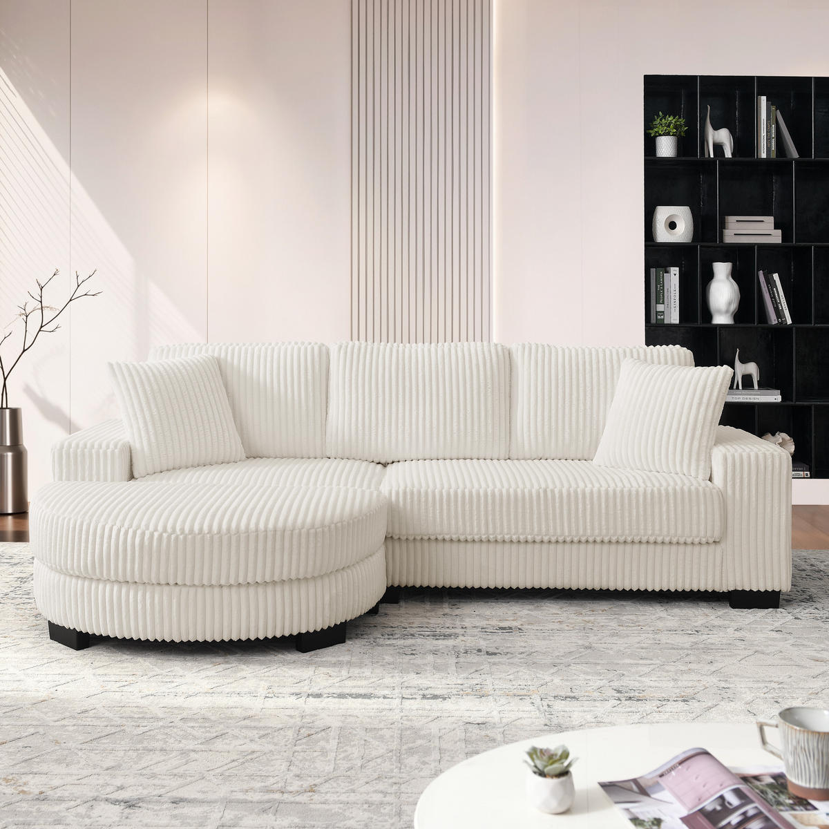 ECKSOFA 256.5/133.5/89 cm Beige Cord mit 2 Kissen und ovaler Fußhocker - Beige, Textil (133.5/89/256.5cm) - Oxeza