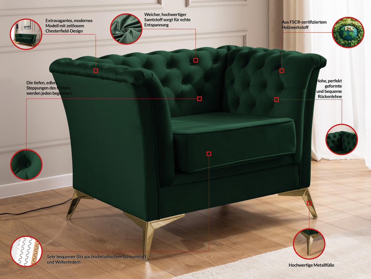 SITZGARNITUR 3+1 Chesterfield Whitby Flasche Grün Samt mit goldenen Füßen - Dunkelgrün/Goldfarben, Holz/Textil (237/78/82cm) - S-Style Möbel