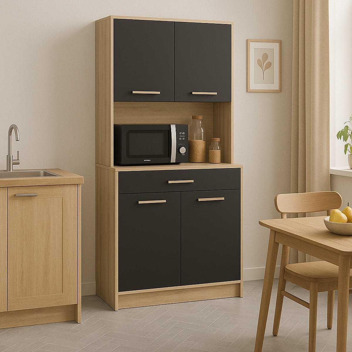 HIGHBOARD mit 4 Türen und 1 Schublade, Dekor Holz und Schwarz - L83 cm - Braun, Holzwerkstoff (40/176.1/83.3cm) - Calicosy