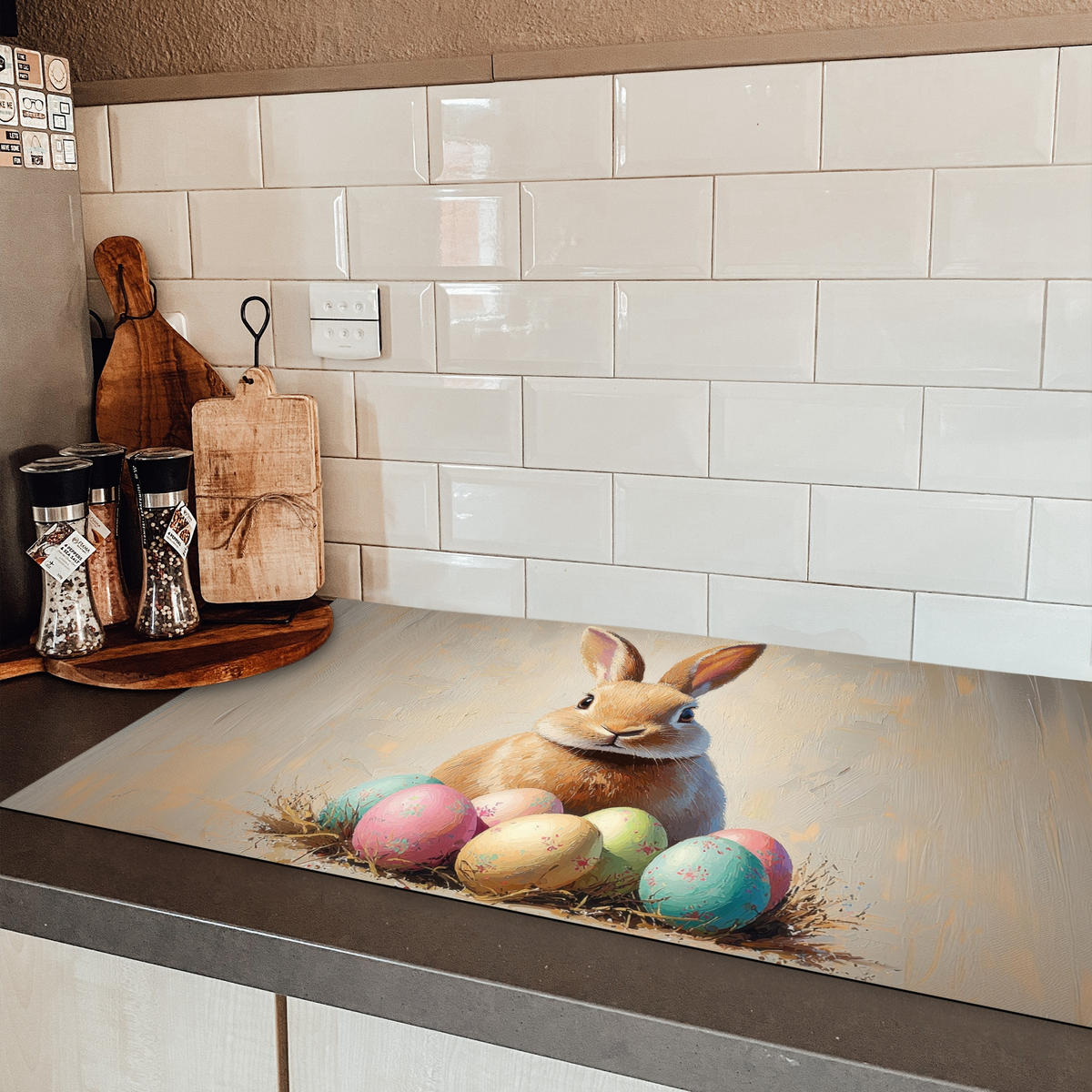 HERDABDECKPLATTE Osterhase - Pastell - Eier Ceranfeldabdeckung 90x52 cm - Beige, Kunststoff (90/52/0.2cm) - MuchoWow