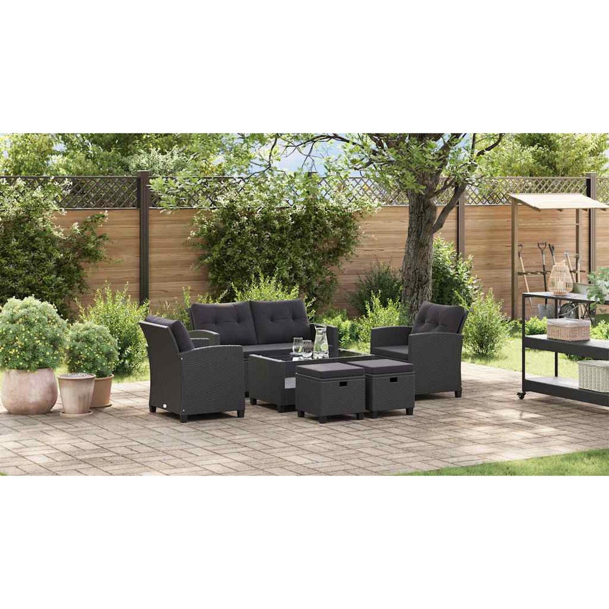 LOUNGEGARNITUR mit Auflagen und 92 cm Couchtisch, aus Poly Rattan und Glas, Schwarz, 6-teiliges Set - Schwarz, Textil/Metall - vidaXL