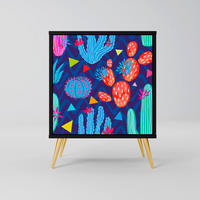 SIDEBOARD CACTUS VIBES, Schwarz, 57,5x42x75,5 cm, Goldfarbene Metallfüße - Goldfarben/Multicolor, Holzwerkstoff/Metall (57.5/75.5/42cm) - SpaceRebels