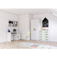 JUGENDZIMMER Elora in Weiß – 4-teiliges Set mit Schreibtisch, Kommode, Wandregal und Schrank – Grifffarbe Limette - Weiß, Holzwerkstoff (80/200/120cm)