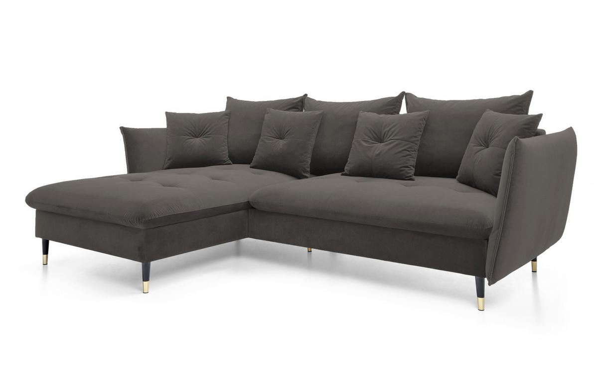 ECKSOFA GLAM mit Schlaffunktion, Ottomane & goldenen Füßen – Samtsofa im Glamour-Stil mit Zierkissen, 258x167x91cm, Linke, DUNKELGRAU - Dunkelgrau, Holz/Textil (167/258cm) - DomoHome