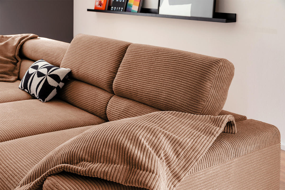 ECKSOFA DELIA Braun Cord - Dunkelbraun/Schwarz, Textil/Metall (312/219cm) - KAWOLA