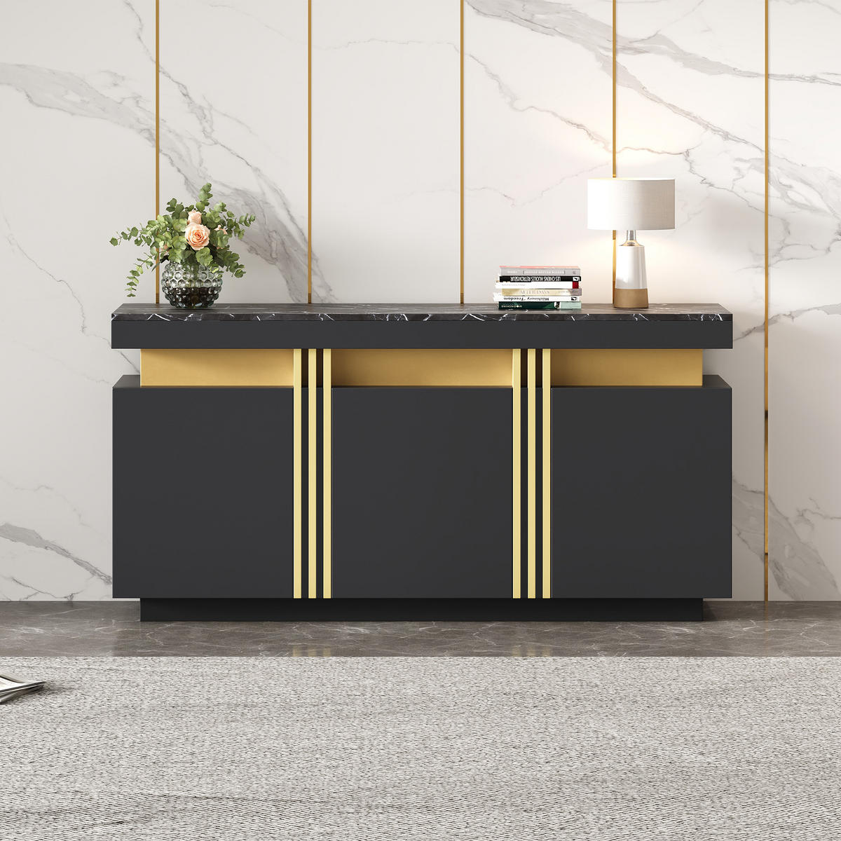 SIDEBOARD 140/38/70 cm in Schwarz mit 3 Türen und Marmoroptik - Schwarz, Holzwerkstoff (140/70/38cm) - BEAOK