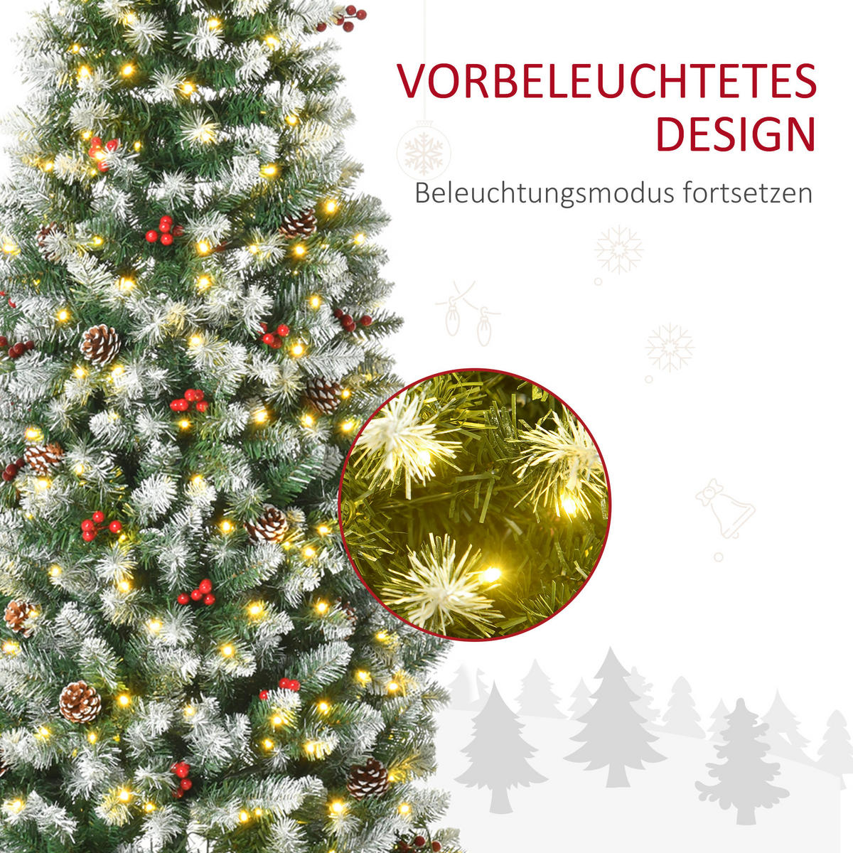 WEIHNACHTSBAUM 1,8 m Christbaum 618Zweige mit LED-Lichter Beeren PVC Grün+Weiß - Multicolor, Kunststoff (180cm) - HOMCOM