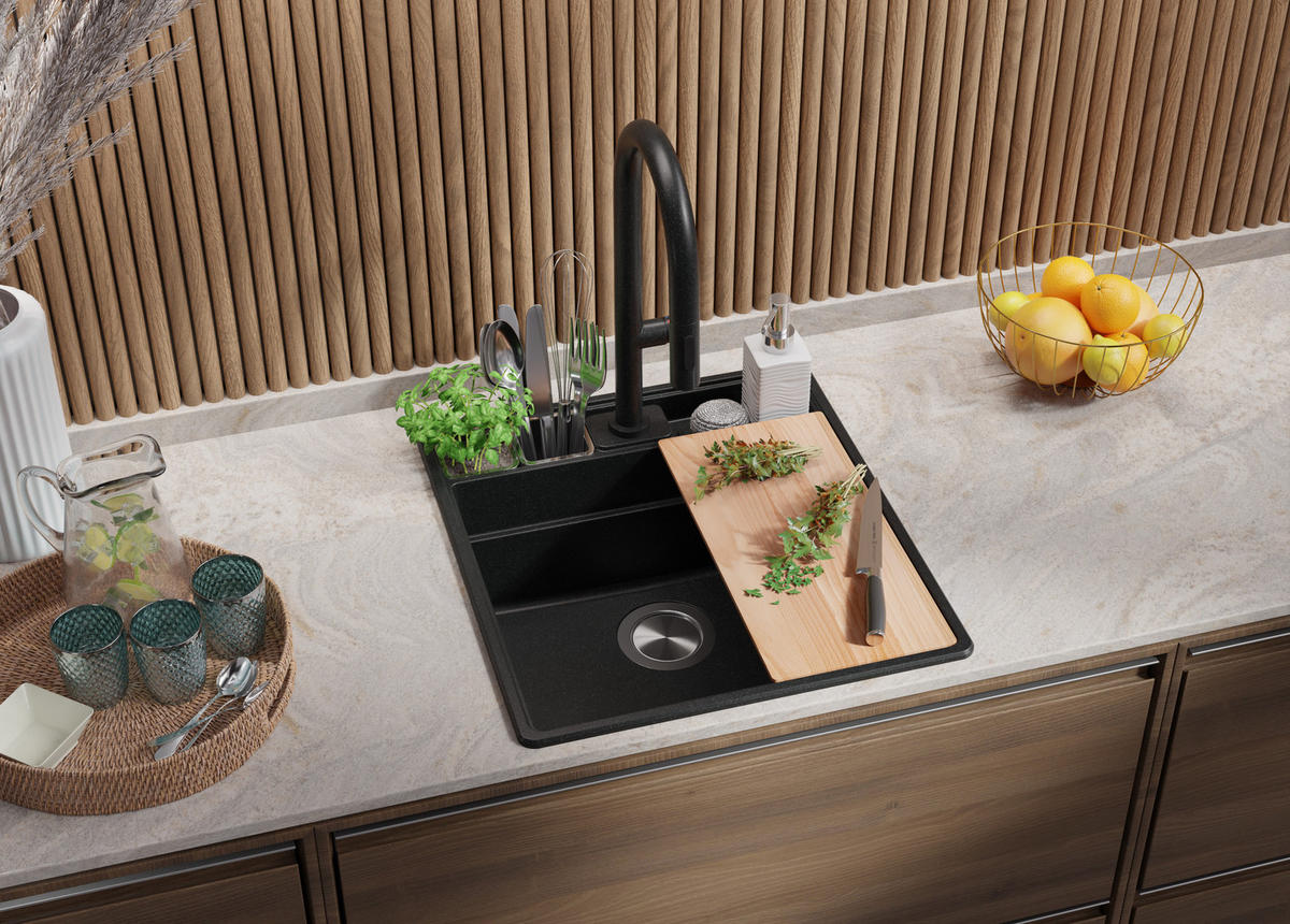 SPÜLBECKEN New York, 2-er set Anthrazit 48/53 cm 1 Becken + Ablauf-Set + Küchenzubehörset ab 50er Unterschrank - Chromfarben/Anthrazit, Kunststoff (48/20/53cm) - Primagran