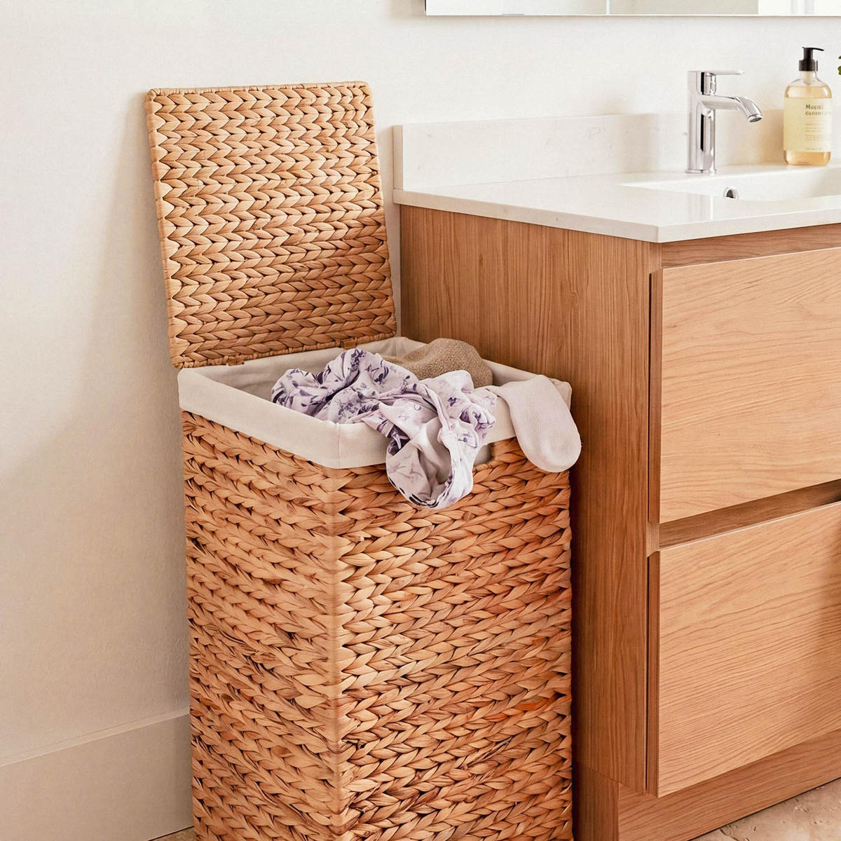 WASCHESAMMLER mit Deckel aus Wasserhyazinthe 30/60/40 cm - Beige, Naturmaterialen (30/60/42cm) - Calicosy
