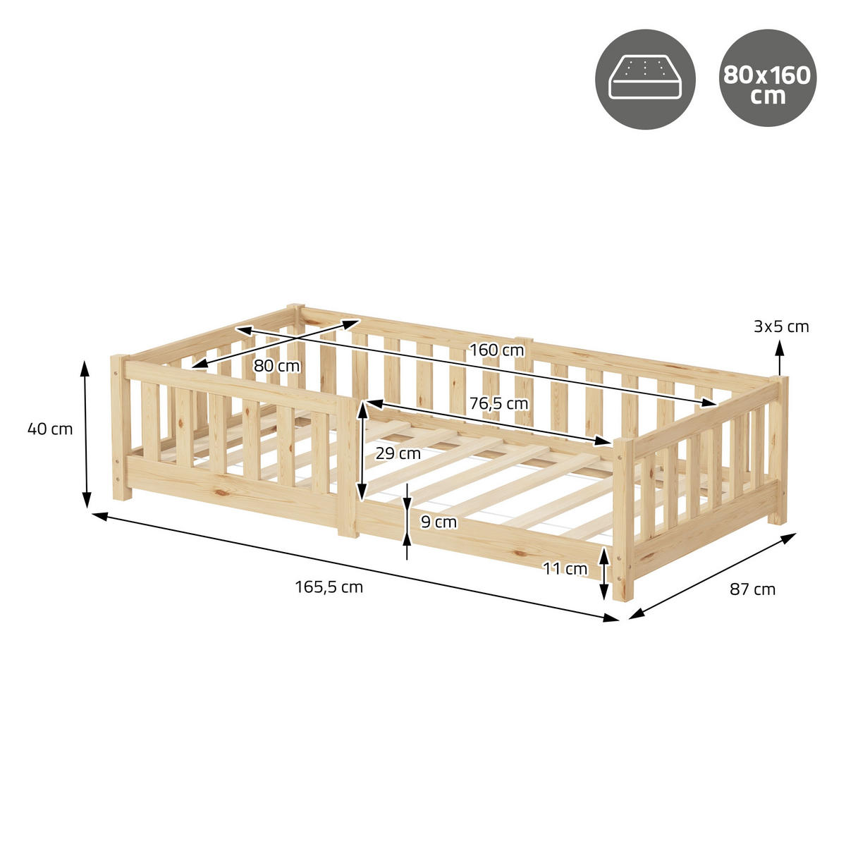 KINDERBETT 80x160 cm Natur mit Matratze - Naturfarben, Kunststoff (80/160cm) - ML-DESIGN
