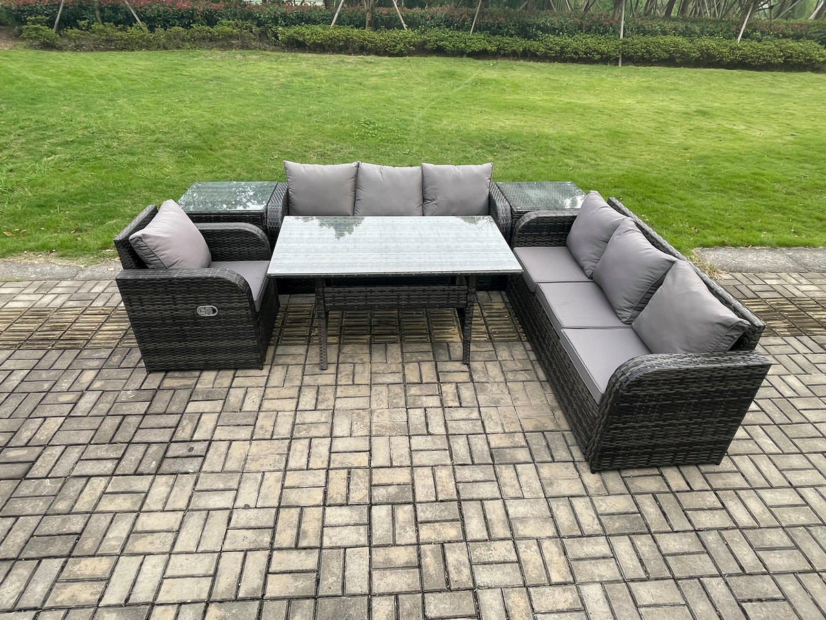 GARTENTISCHGRUPPE mit 2 Beistelltischen Polyrattan Dunkelgrau 7-Sitzer - Dunkelgrau/Grau, Glas/Kunststoff - Fimous