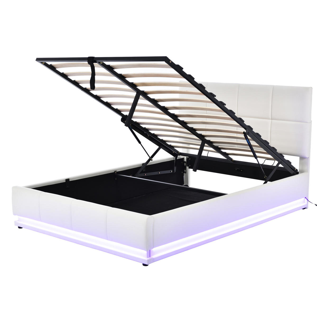 ČALÚNENÁ posteľ z umelej kože 140x200 cm biela s LED osvetlením, hydraulickým úložným priestorom a roštom - biela, textil (140/200cm) - Modfu