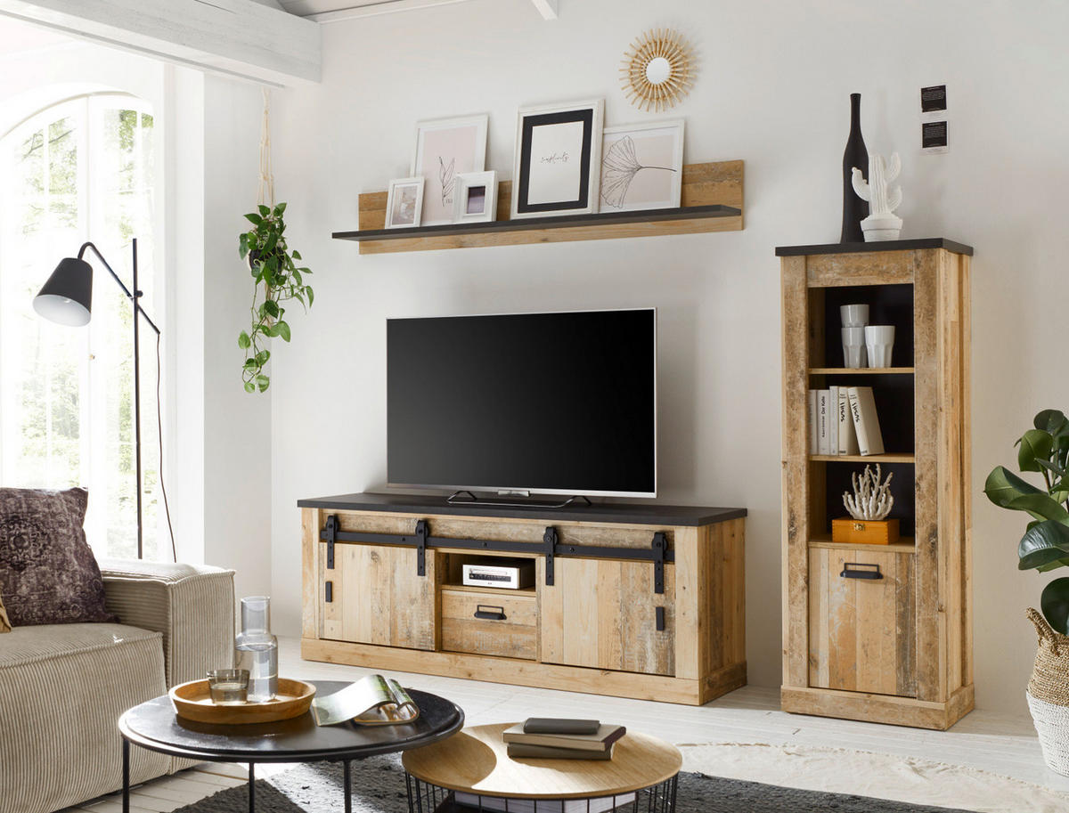WOHNWAND Used Wood hell, anthrazit 3-teilig 233 cm, Schrankwand mit Soft-Close - Anthrazit/Schwarz, Holzwerkstoff/Metall (233/170/43cm) - Furn.Design