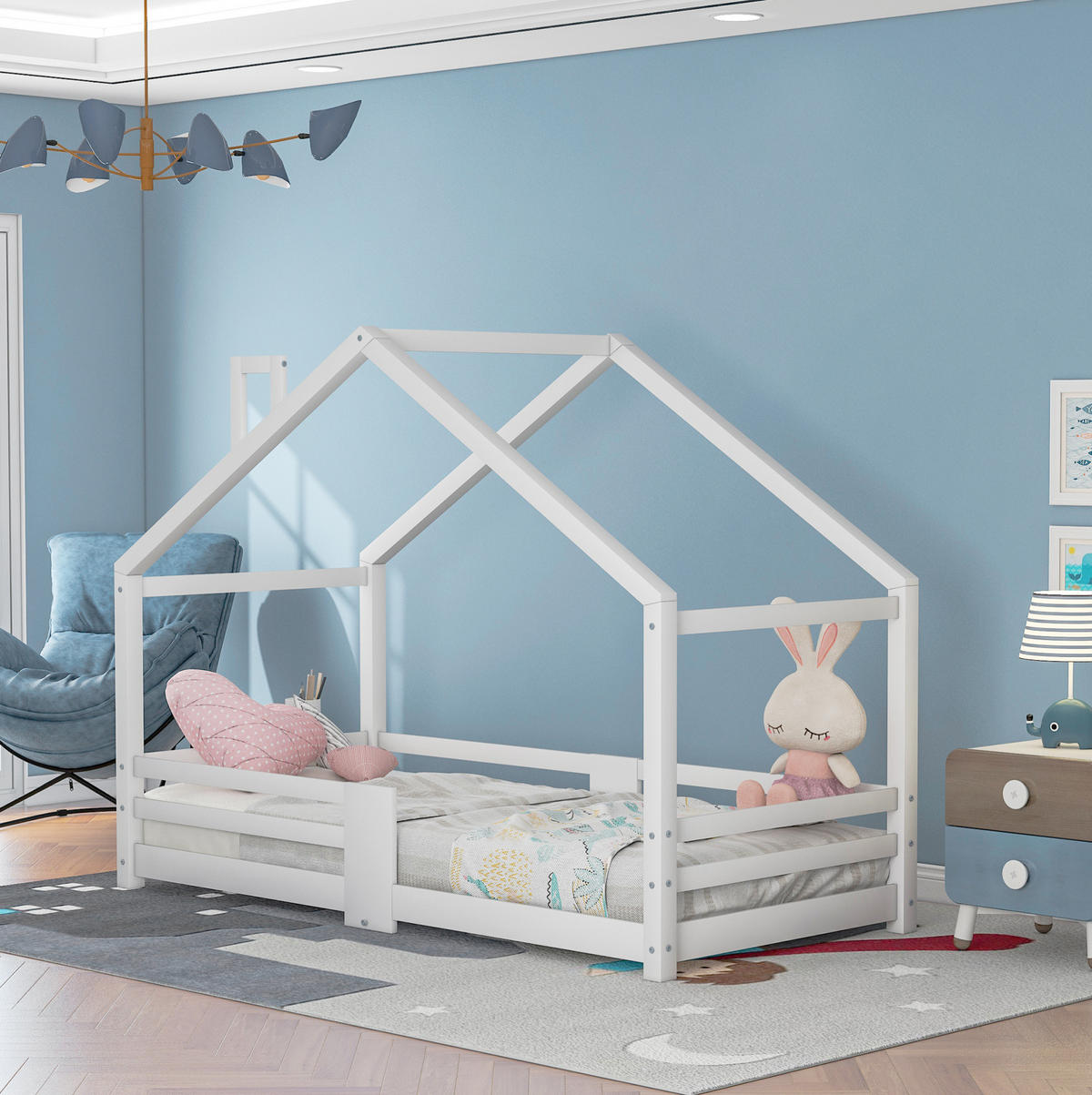 HAUSBETT 90/200 cm Weiß aus Massivholz mit Rausfallschutz und Schornstein - Weiß, Holz (90/200cm) - Flora Grace