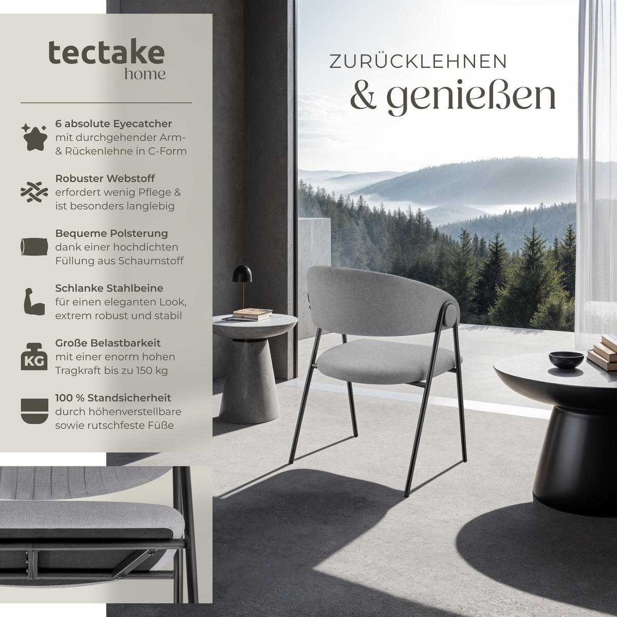 ARMLEHNSTUHL 6er Set Bedano 60 x 58 x 85 cm grau - Grau, Kunststoff (60/85/58cm) - tectake