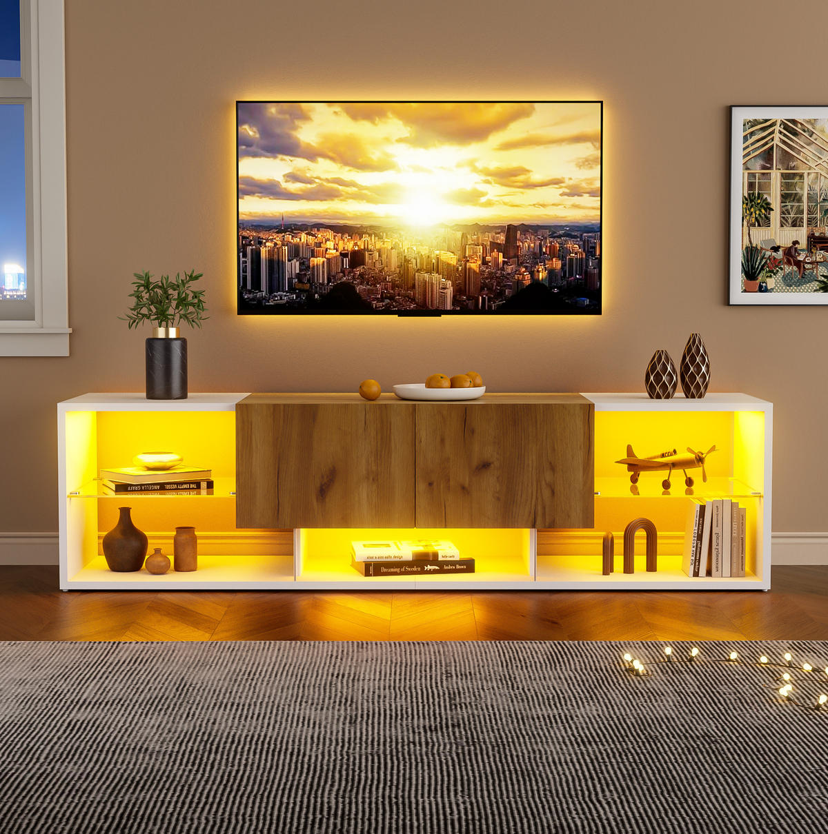 LOWBOARD 160/40/42 cm aus Holzwerkstoff mit LED-Beleuchtung und 2 Schubladen Weiß/Eichefarben - Hellbraun, Holzwerkstoff (160/42/40cm) - Modenvie