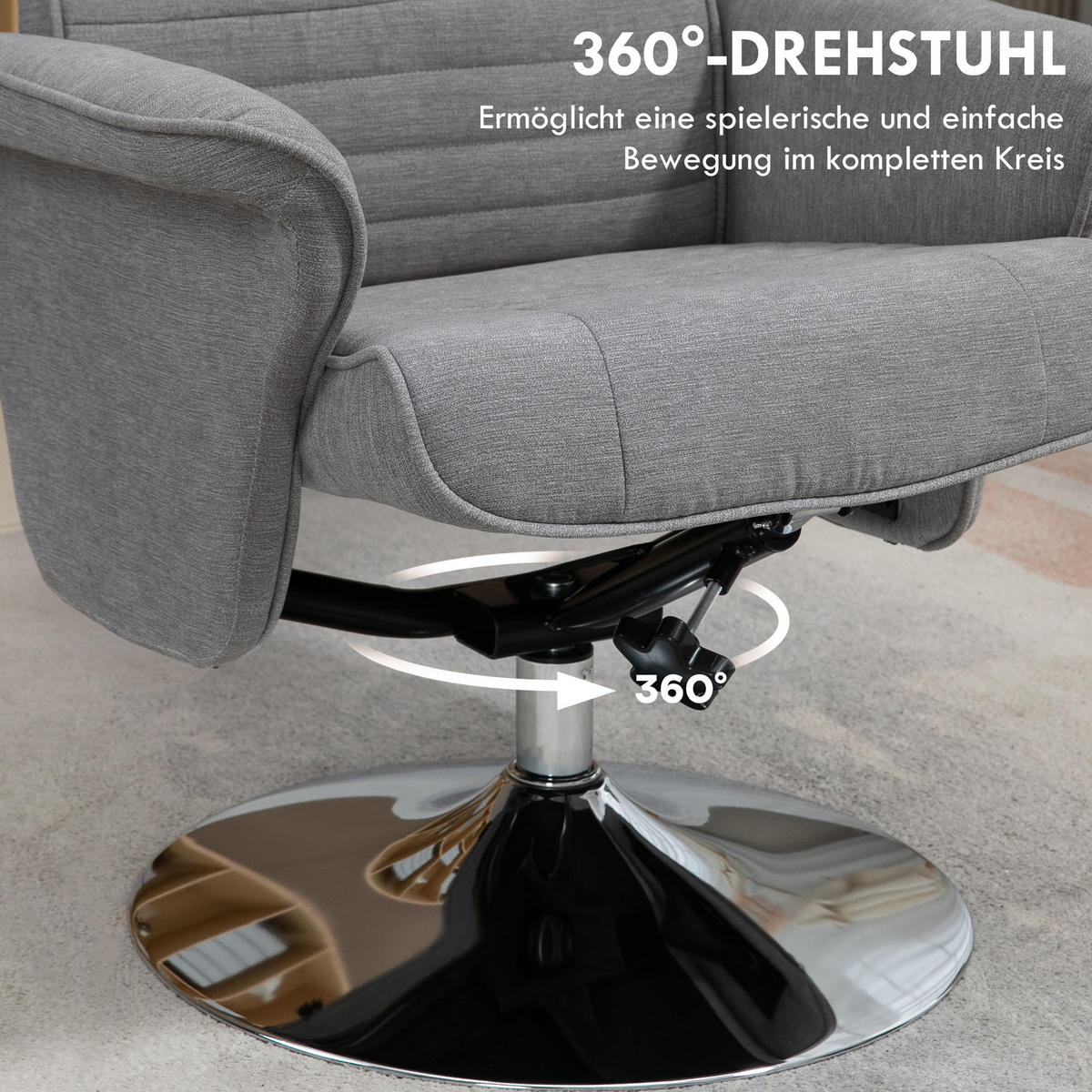 RELAXSESSEL mit Fußhocker 360°drehbarer Fernsehsessel bis 150 kg Samt Grau - Chromfarben/Grau, Textil/Metall (71/104/69cm) - HOMCOM