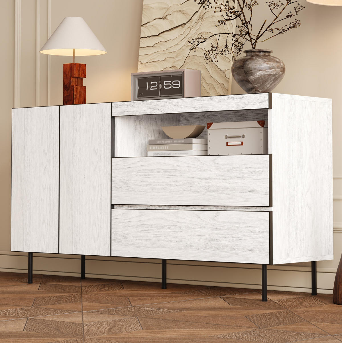 SIDEBOARD 140/42/77 cm mit Türen, Schubladen und offenen Fächern, griffloses Design, Weiß - Weiß, Holzwerkstoff (140/77/42cm) - Redom