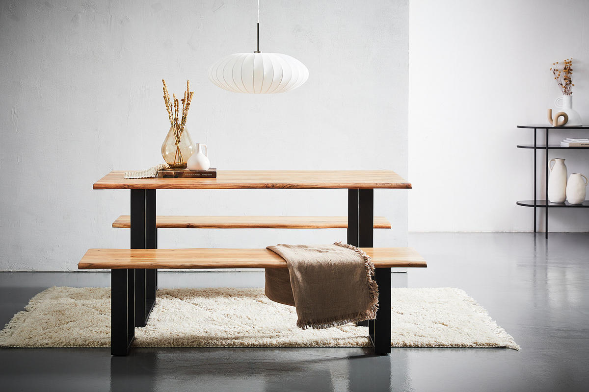 ESSTISCH mit Massivholzplatte - Akazie massiv / Eisen - Schwarz/Braun, Holz/Metall (80/140/76cm) - home24