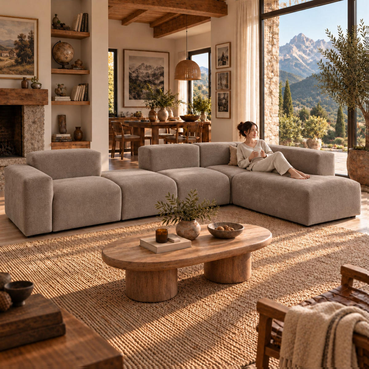 5-SITZER modulares Ecksofa HEAVEN SET 5 Rechts, Breite 380 cm Webstoff Braun - Schwarz/Braun, Holz/Kunststoff (245/380cm) - Muffo