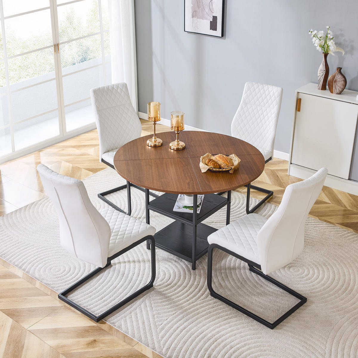 ESSGRUPPE DE-39436 5-teilig, mit doppelter Ablage und 4 Stühlen Weiß - Weiß, Holzwerkstoff (107/75/107cm) - ComfortXL