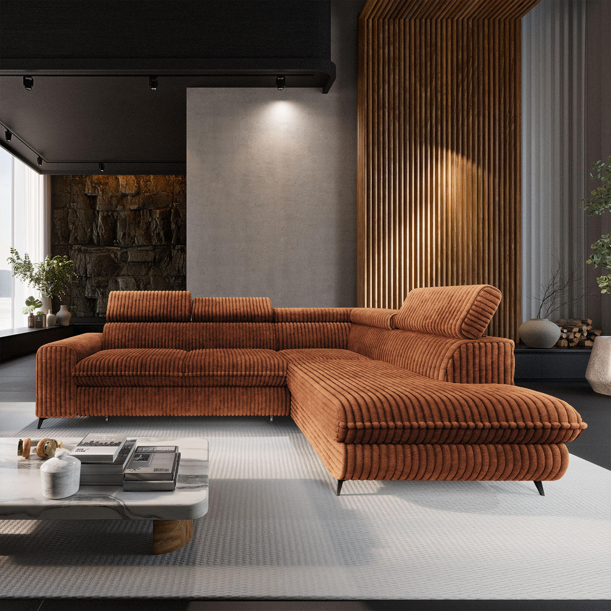 ECKSOFA VELISS Braun Kordstoff mit Schlaffunktion - Braun, Holz (255/193cm) - MASSENO