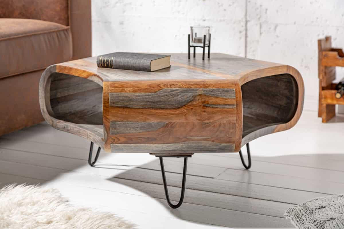 COUCHTISCH ORGANIC LIVING Sheesham rechteckig Grau|Natur|Braun 80cm - Schwarz/Braun, Holz/Metall (70/80/38cm) - riess-ambiente