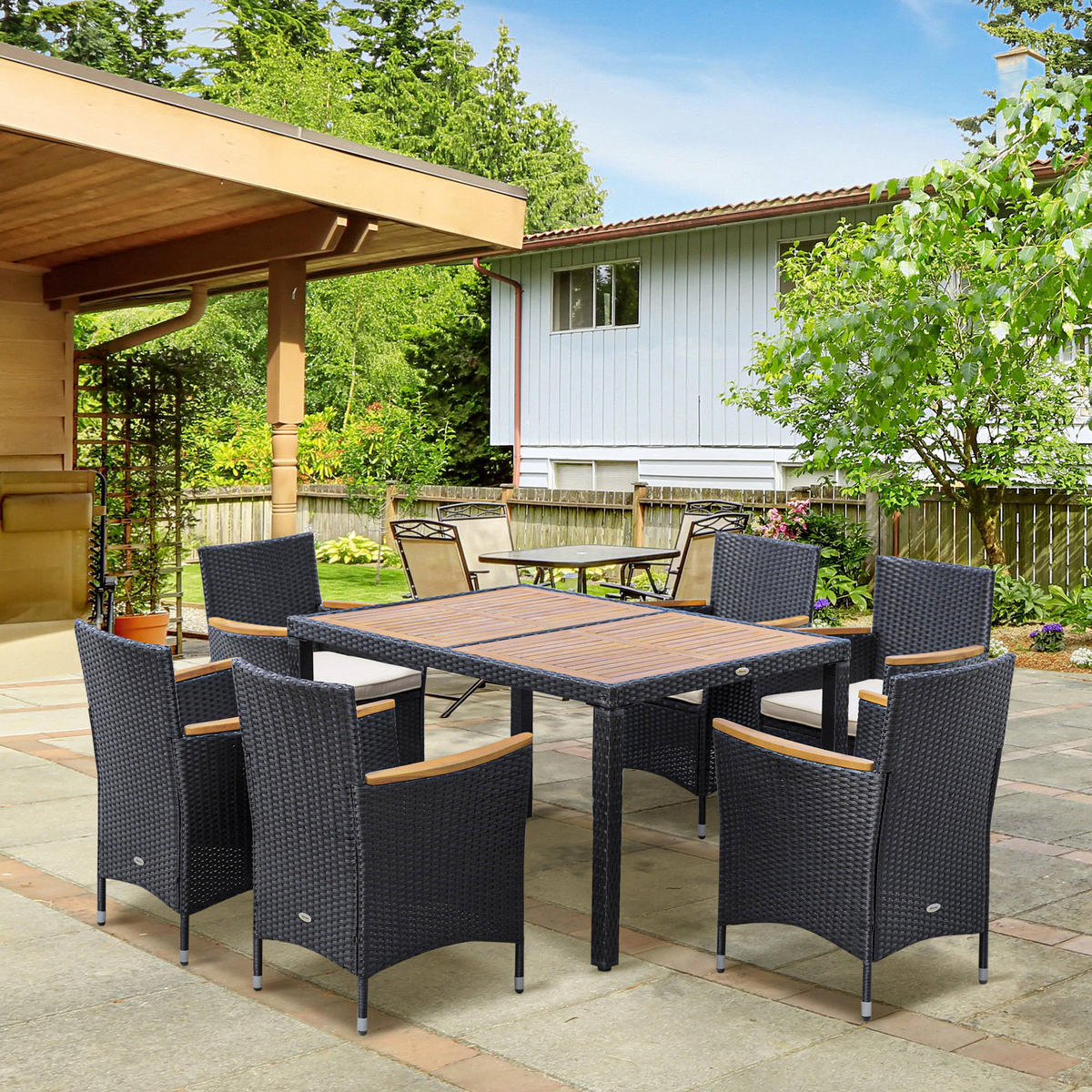 GARTENESSGRUPPE DE-13570 7-teilig mit Tisch & 6 Stühlen, Acacia-Holz Schwarz/Beige - Schwarz, Metall - ComfortXL