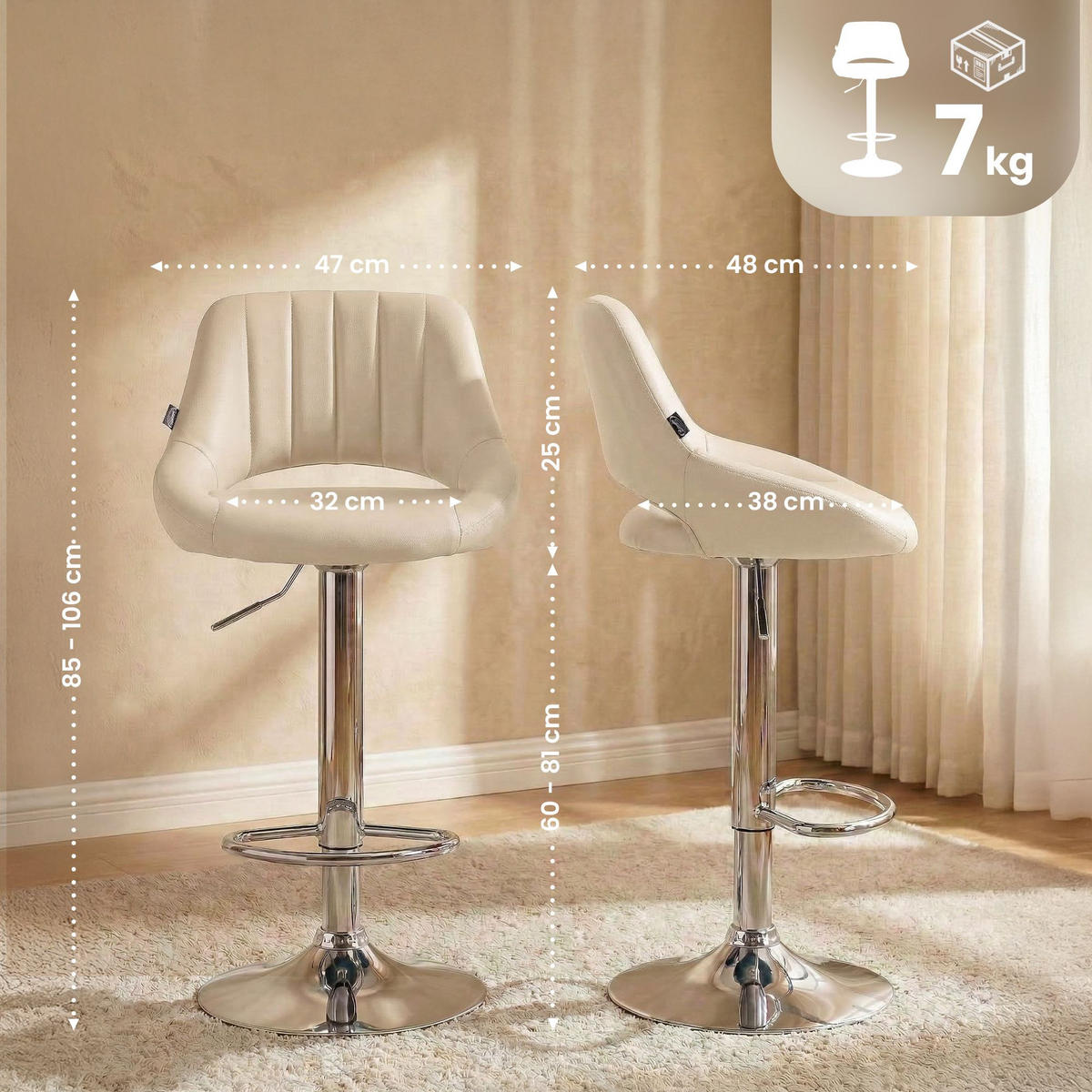 BARHOCKER Lederlook Creme - Chromfarben/Creme, Textil/Metall (47/85/48cm) - CLP