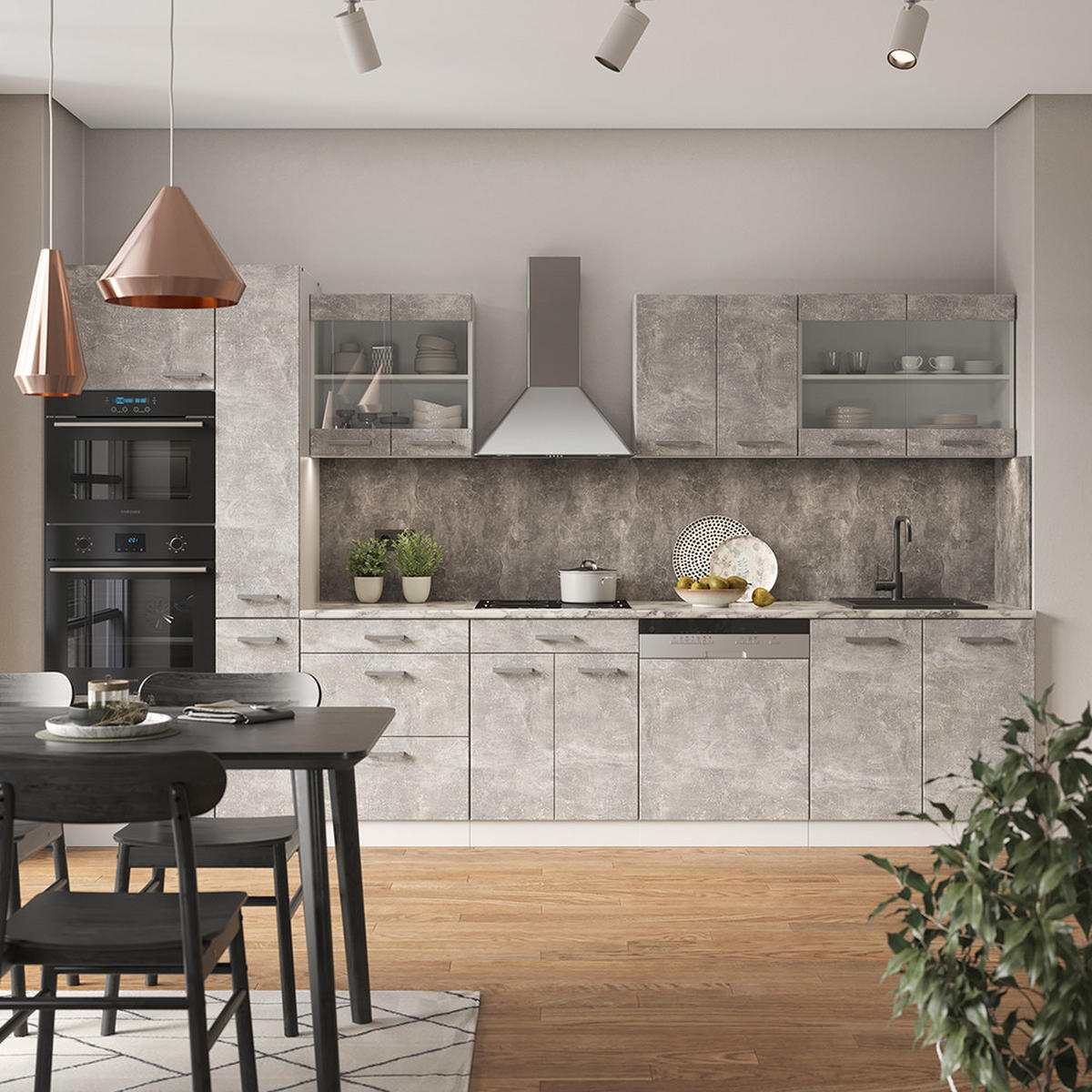 KÜCHENZEILE R-Line Beton/Weiß 350 cm mit Hochschrank, AP Eiche - Schieferfarben/Weiß, Holzwerkstoff (350/81.6/60cm) - Vicco