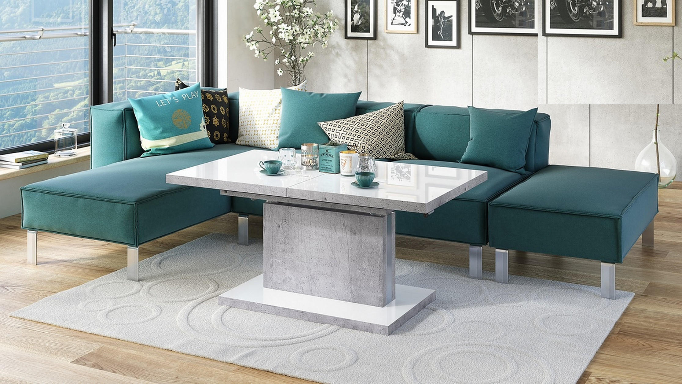COUCHTISCH rechteckig Weiß Hochglanz - Beton ausziehbar höhenverstellbar - Weiß Hochglanz/Hellgrau, Holzwerkstoff (70/120/56cm) - designimpex