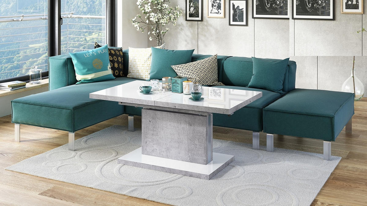 COUCHTISCH rechteckig Weiß Hochglanz - Beton ausziehbar höhenverstellbar - Weiß Hochglanz/Hellgrau, Holzwerkstoff (70/120/56cm) - designimpex