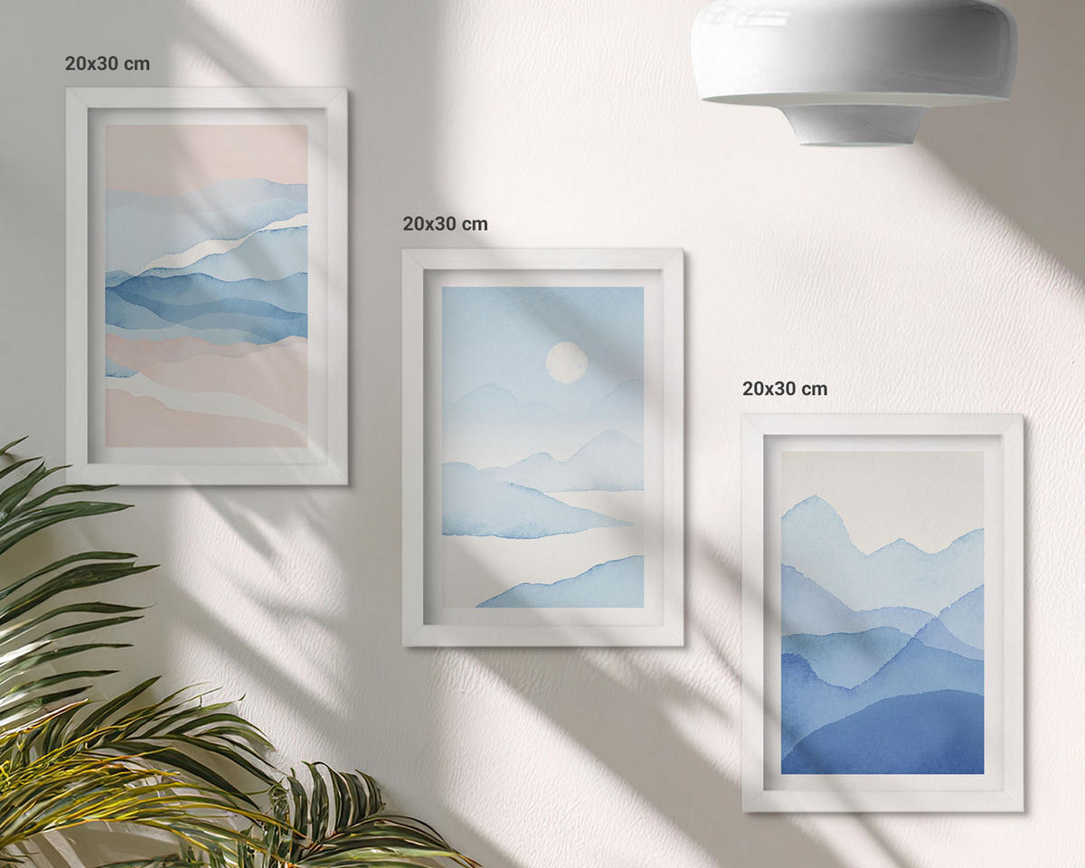 WANDBILDER 3er-Set - 20x30 cm Weißer Rahmen - Aquarell: Blau-rosa Berge - Weiß, Kunststoff (20/30cm) - ArtPrintCave