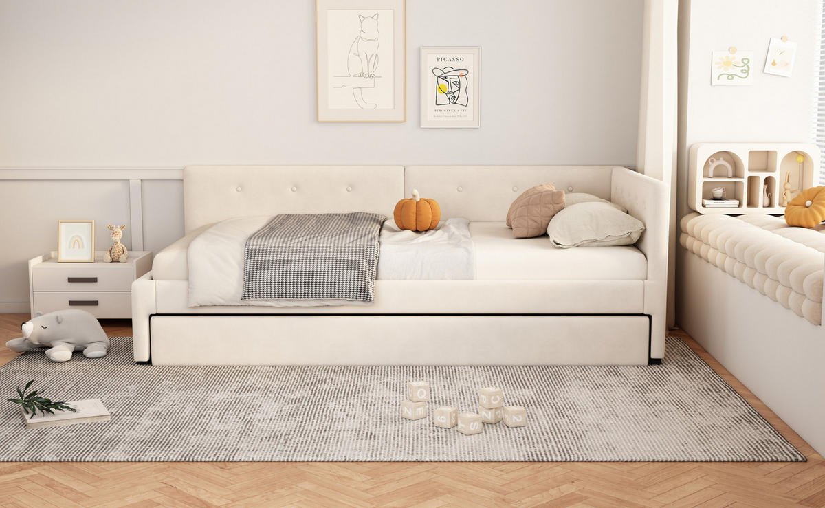 BETT 90/200 cm Beige aus Samt mit ausziehbarem Rollbett - Beige, Textil (90/200cm) - OKMYHOME