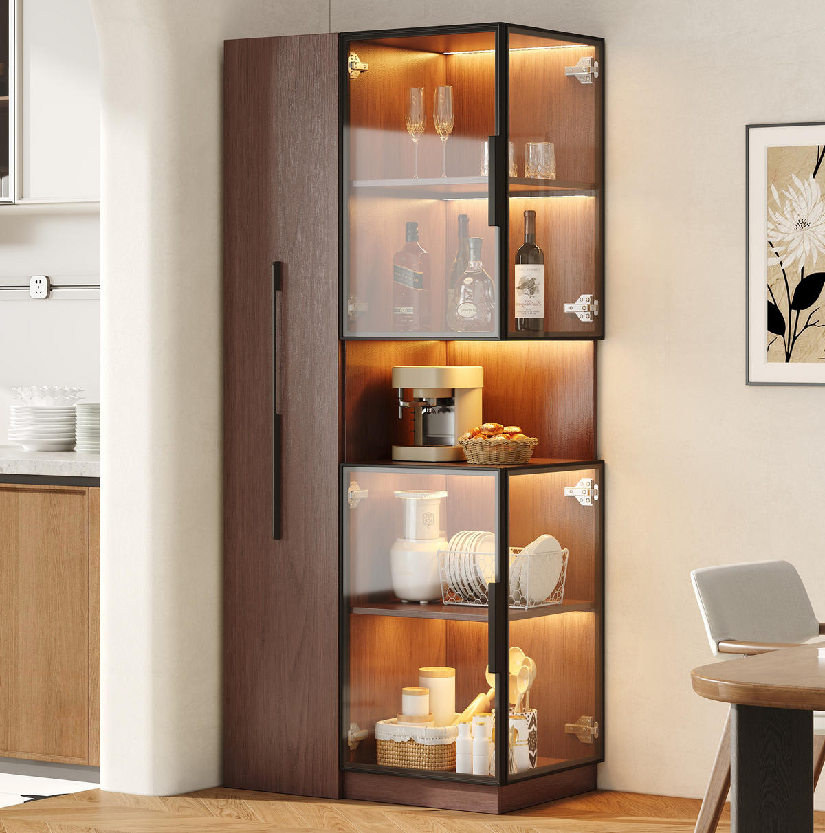 VITRINE aus MDF & Glas 70x38x160cm in Walnussfarben mit LED - Walnussfarben, Holzwerkstoff (70/160/38cm) - Modfu