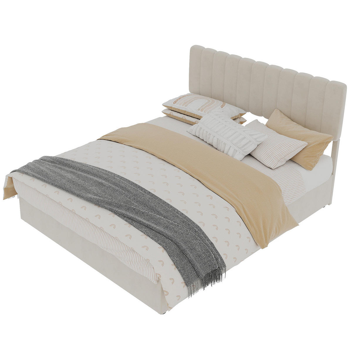 POLSTERBETT 140/200 cm beige aus Stoff und Metall mit gepolstertem Kopfteil - Beige, Textil (140/200cm) - OKWISH
