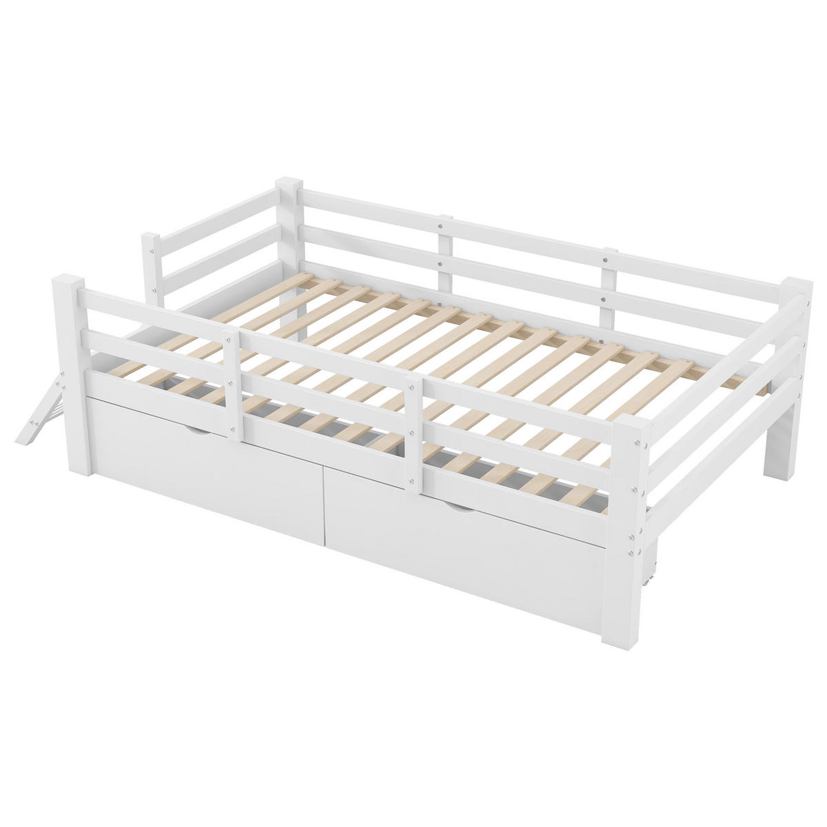 KINDERBETT 90/200 cm in Weiß mit 2 Schubladen und Schutzgeländer - Weiß, Holzwerkstoff (90/200cm) - STILVORA