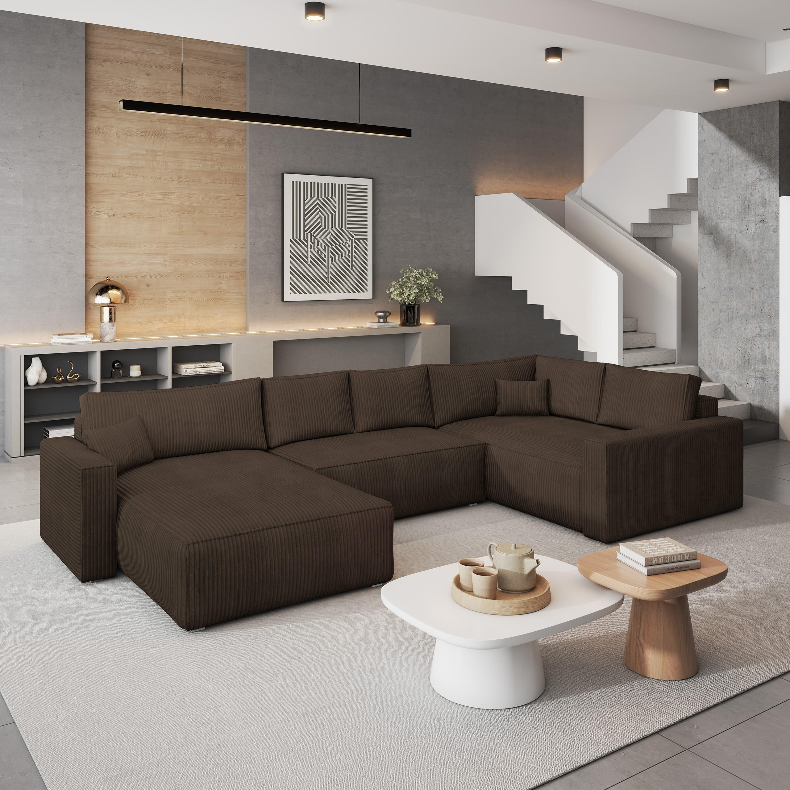 WOHNLANDSCHAFT VELAMI R-S Braun Kordstoff mit Schlaffunktion - Braun, Holz (365/83/194cm) - MASSENO