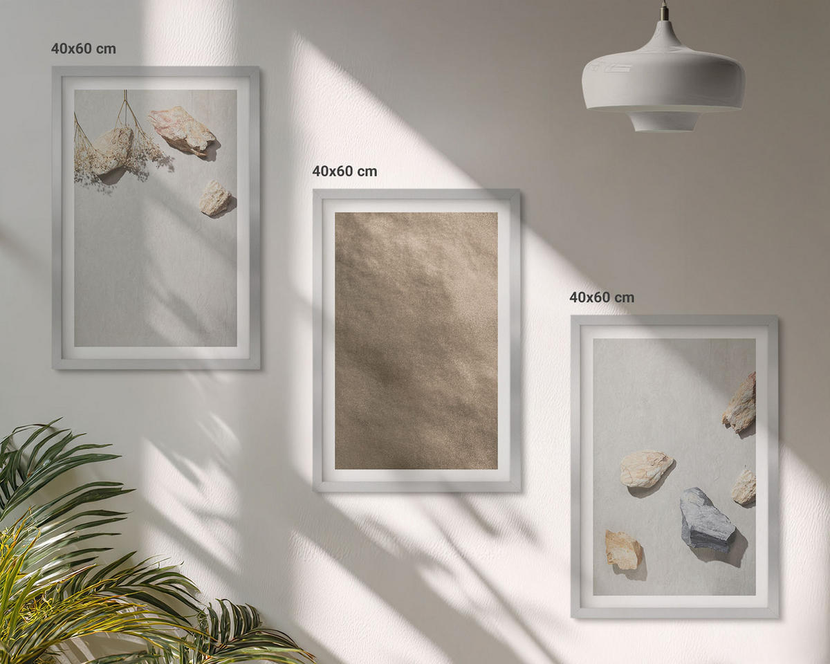 BILDER SET 3er Set - 40x60 cm Silberner Rahmen - Steine Strand natürliche Strukturen - Silberfarben, Kunststoff (40/60cm) - TULUP
