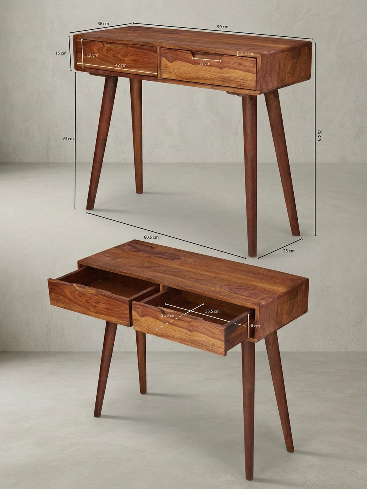 KONSOLENTISCH – Massivholz, 90 cm, handgefertigt, Landhausstil - Braun, Holz (36/90/76cm) - KADIMA DESIGN