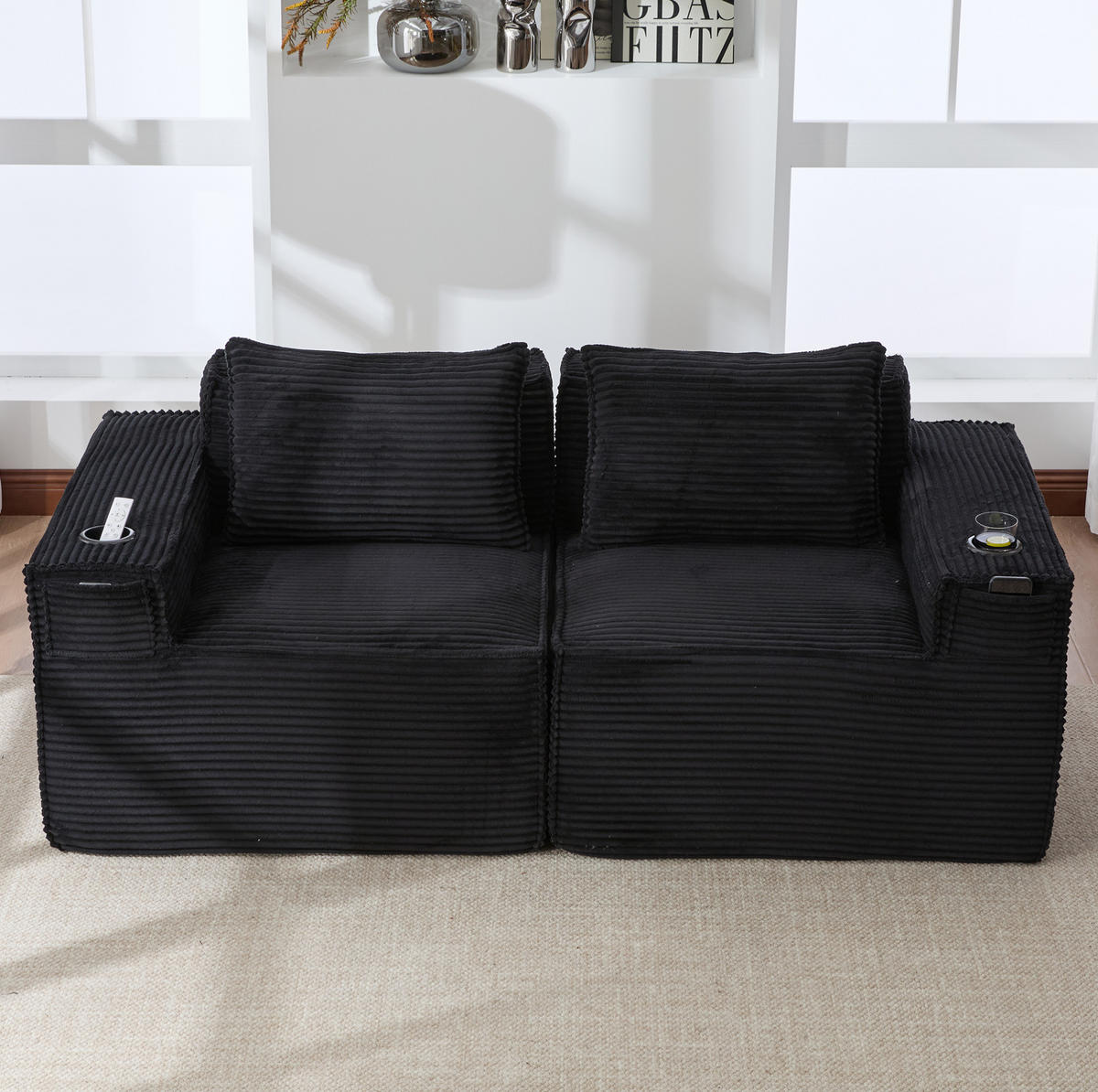 SOFA modularer 2-Sitzer mit Getränkehaltern 188 x 90 x 75 cm Schwarz - Schwarz, Kunststoff (188/75/90cm) - Meubliv